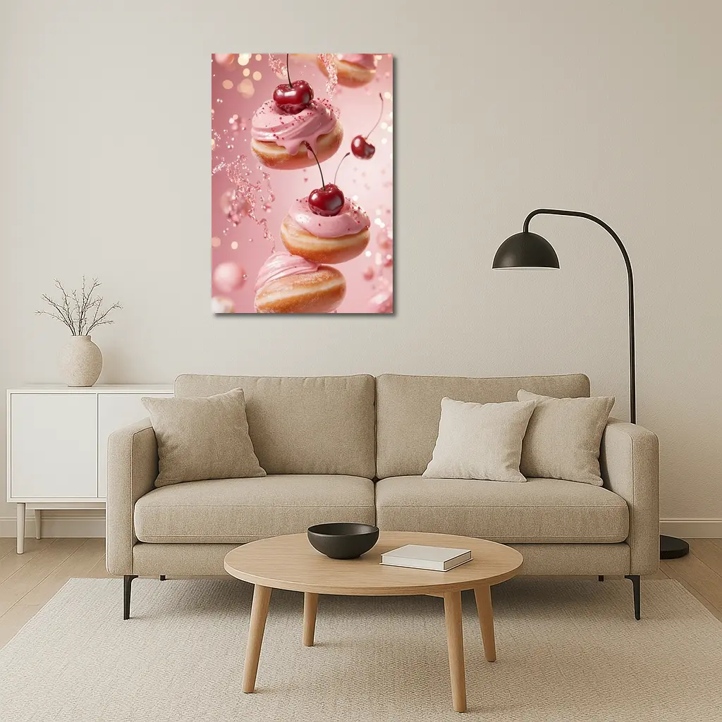 Cherry Donuts Falling Pink Frosting Background – Wall Art