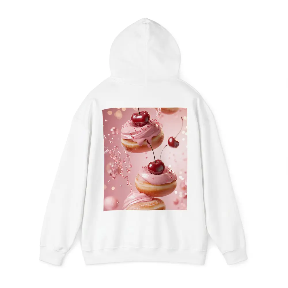 Cherry Donuts Falling Pink Frosting Background – Hoodies