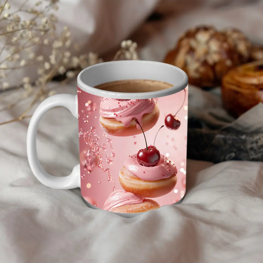 Cherry Donuts Falling Pink Frosting Background – Mugs
