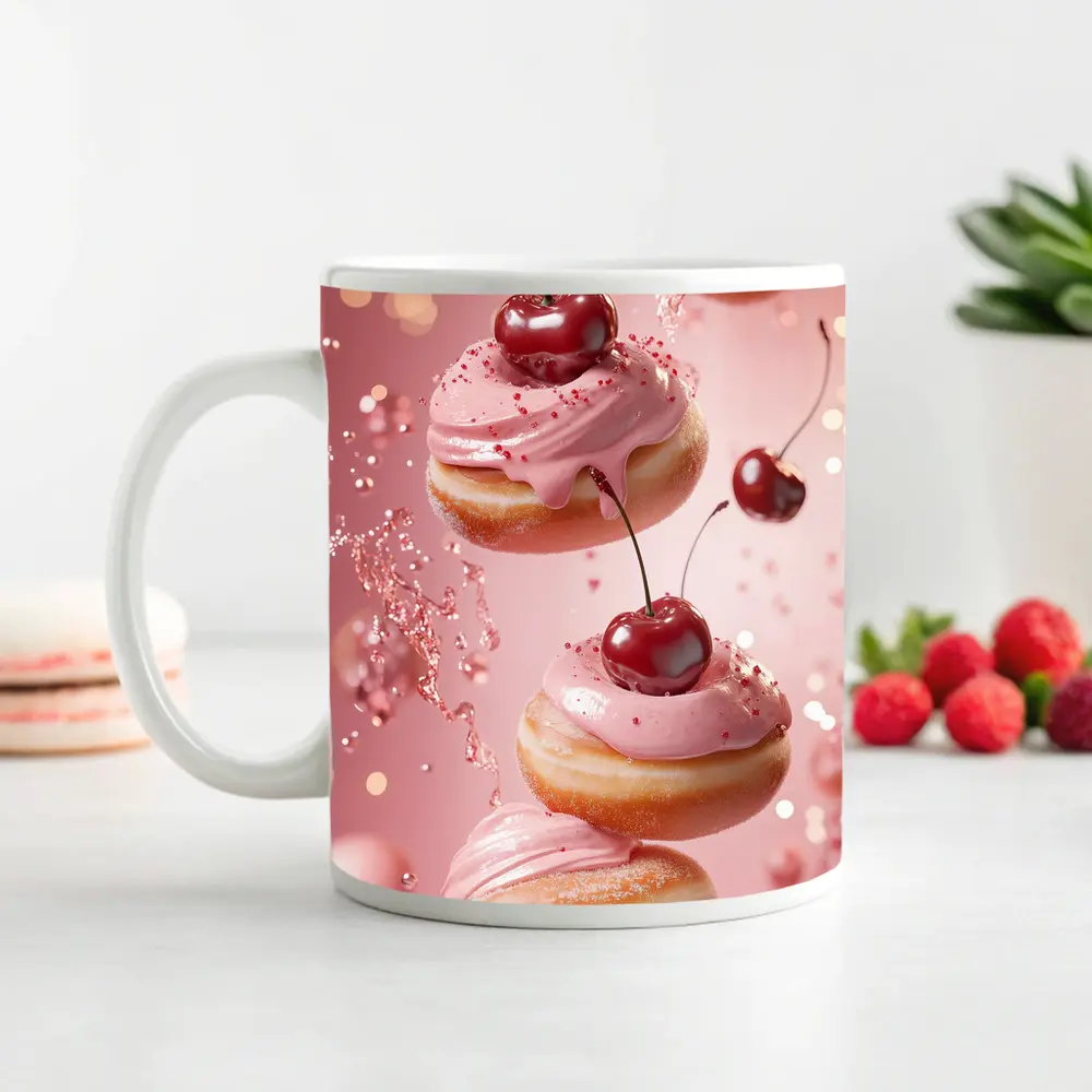 Cherry Donuts Falling Pink Frosting Background – Mugs