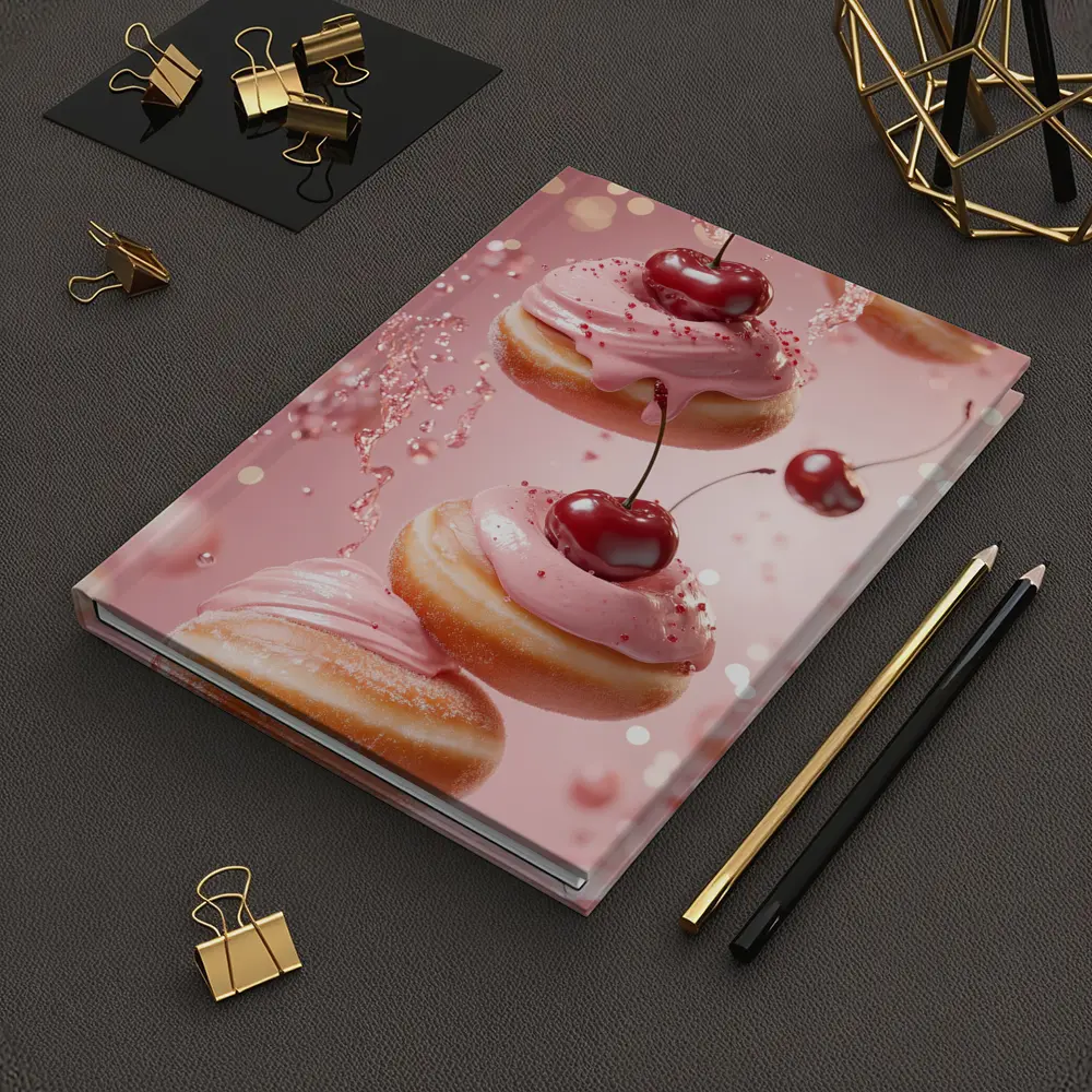 Cherry Donuts Falling Pink Frosting Background – Notebooks