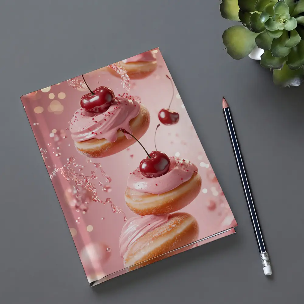 Cherry Donuts Falling Pink Frosting Background – Notebooks