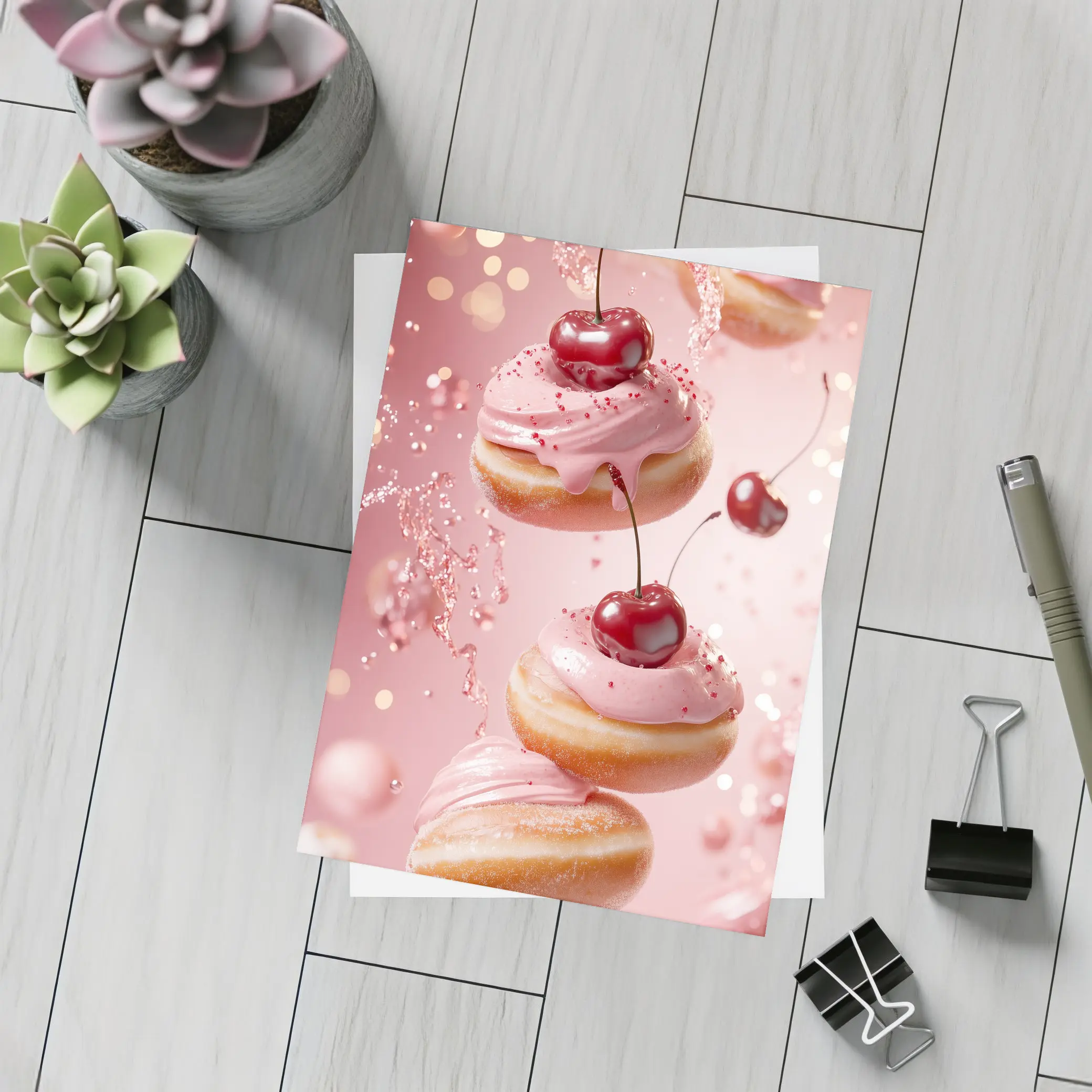Cherry Donuts Falling Pink Frosting Background – Postcards
