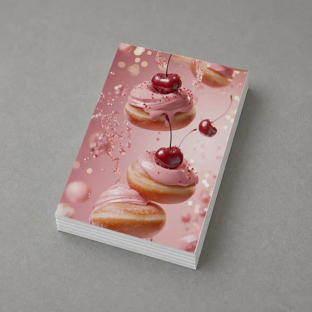 Cherry Donuts Falling Pink Frosting Background – Postcards