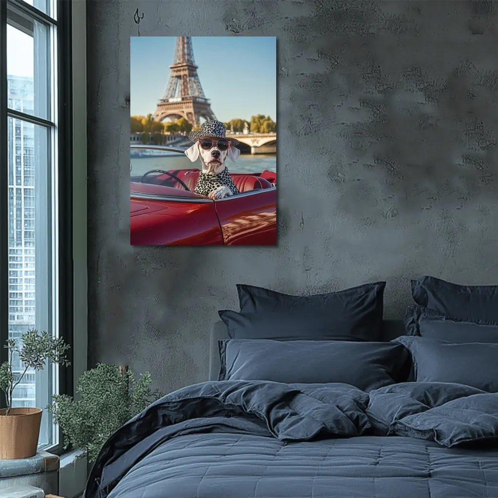 Dalmatian Dog Driving Red Car Paris – Wall Art