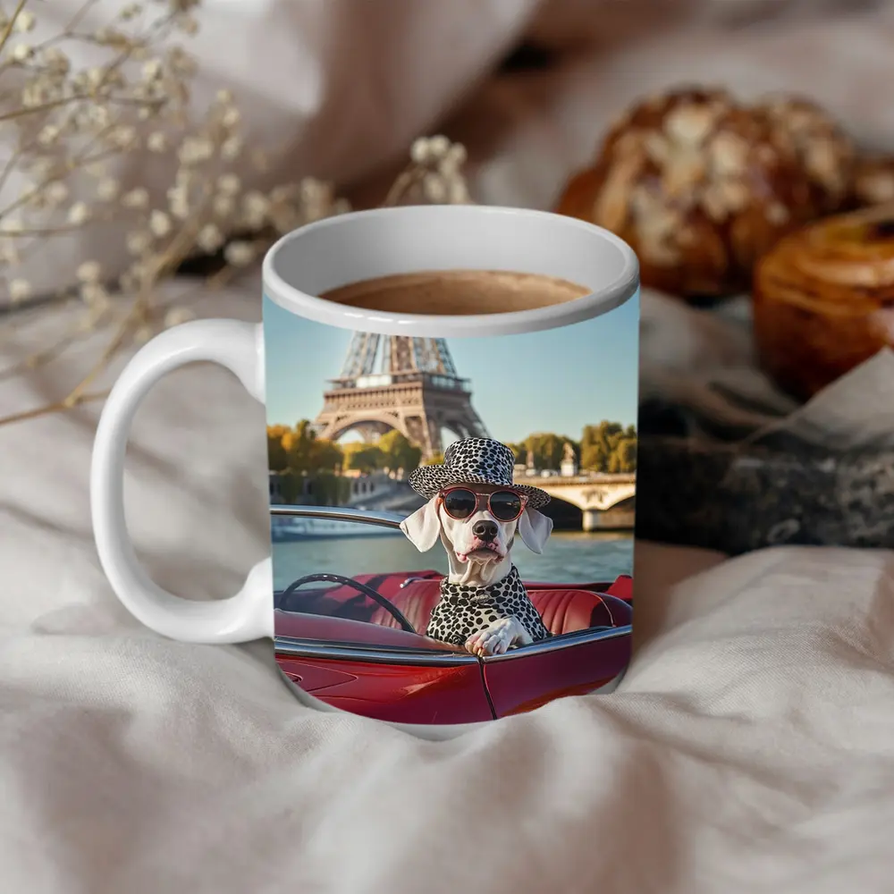 Dalmatian Dog Driving Red Car Paris – Mugs