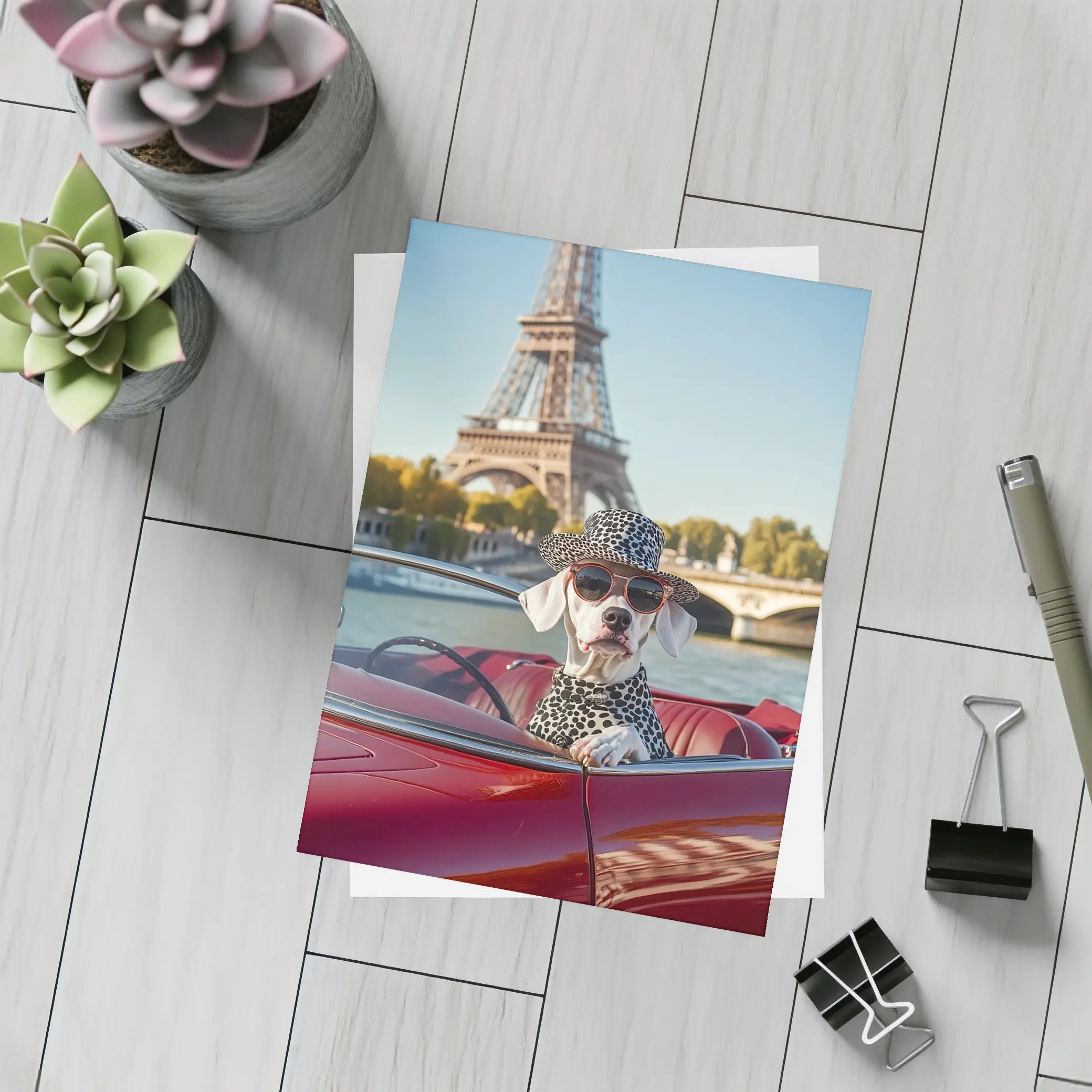 Dalmatian Dog Driving Red Car Paris – Postcards