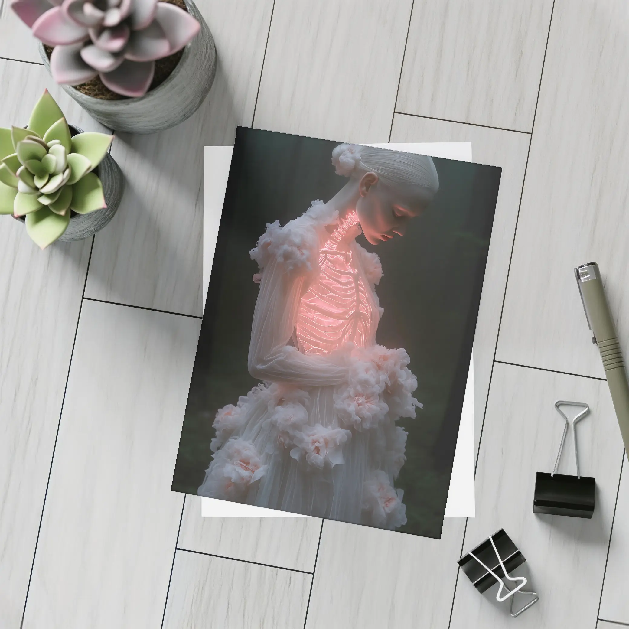 Glowing Figure White Floral Dark Forest – Postcards