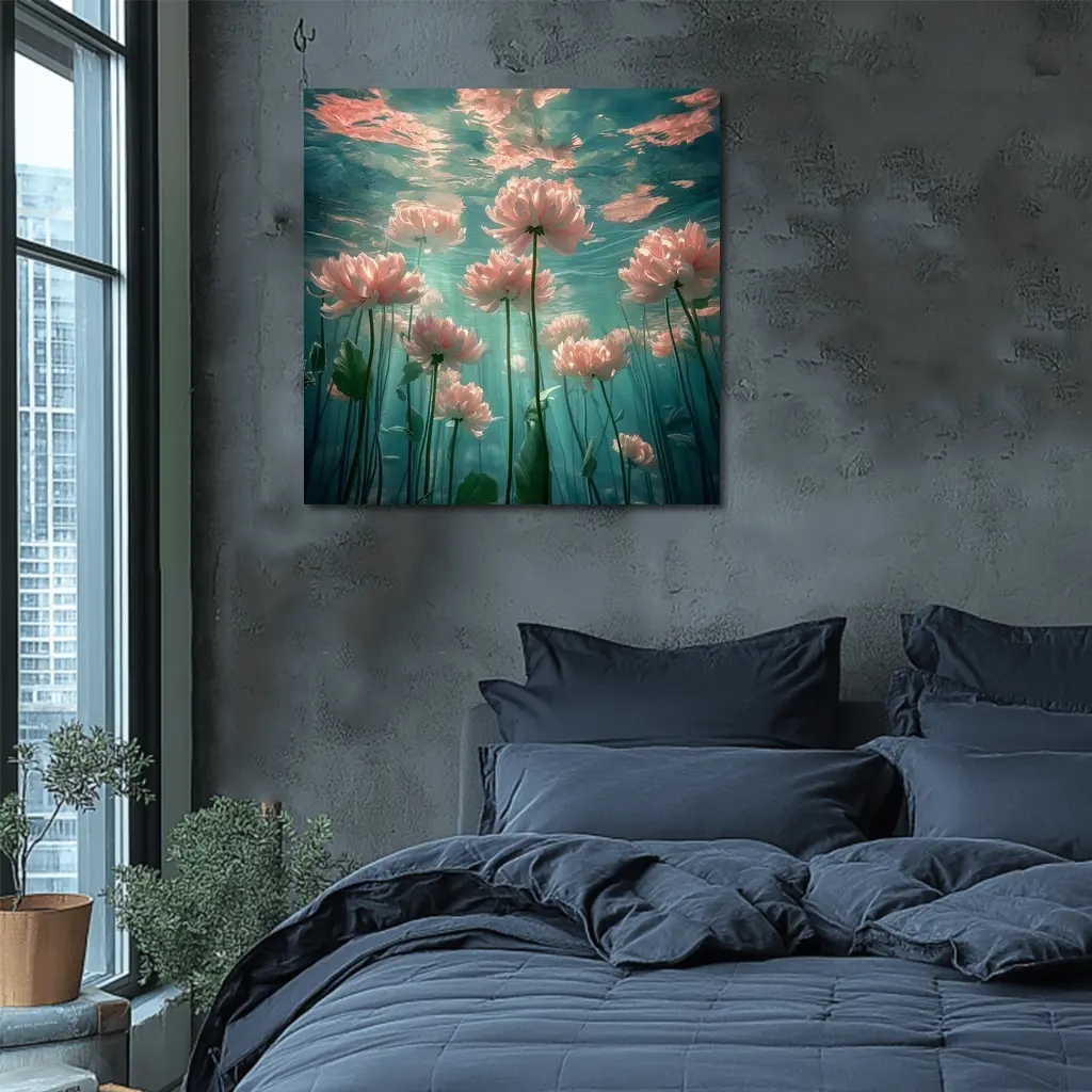 Pink Flowers Blooming Underwater Teal Ocean – Wall Art