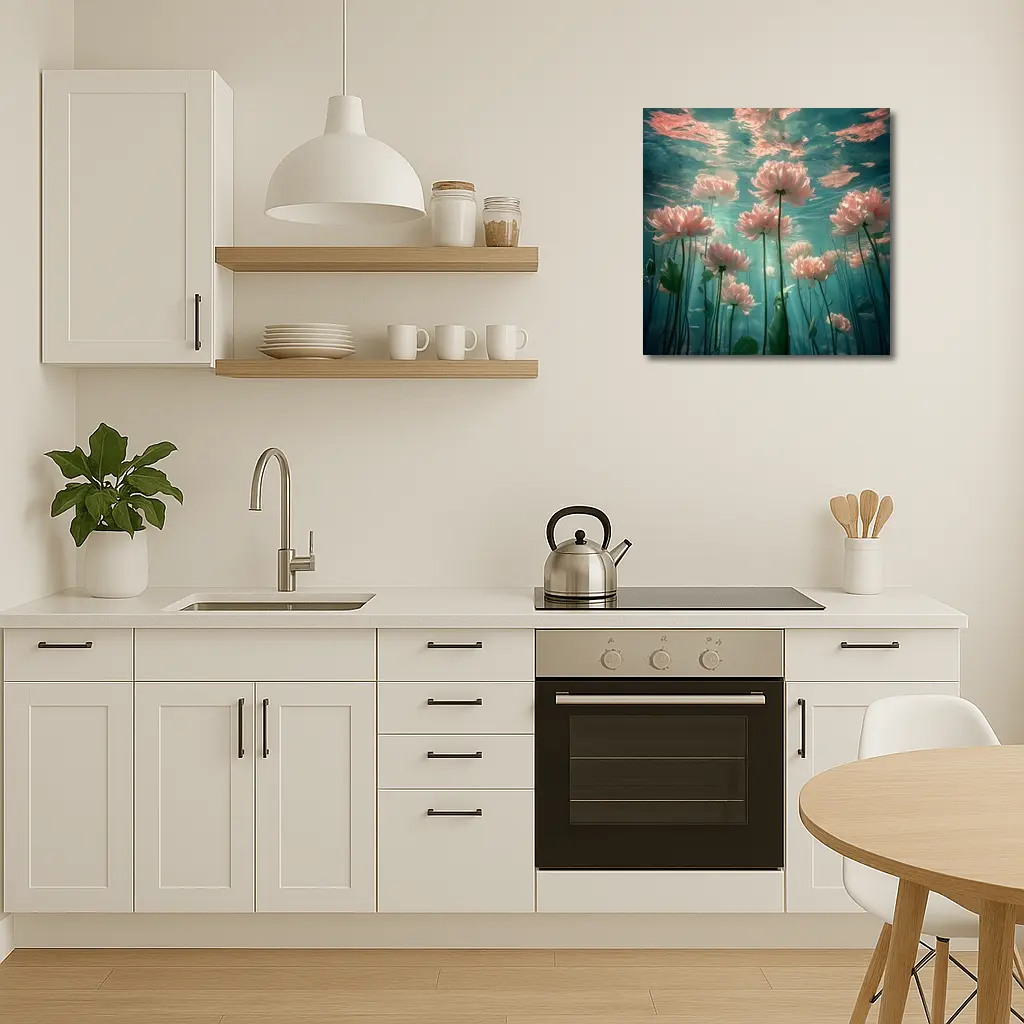 Pink Flowers Blooming Underwater Teal Ocean – Wall Art
