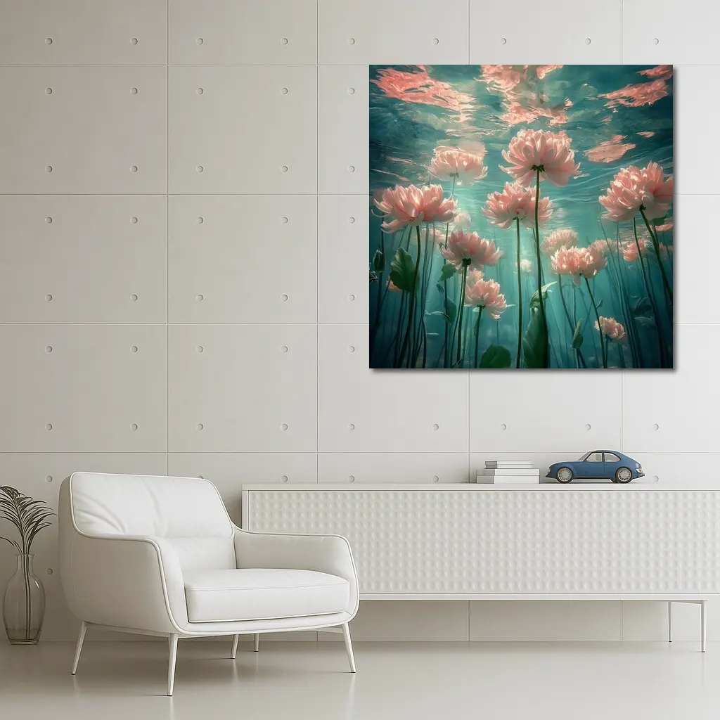 Pink Flowers Blooming Underwater Teal Ocean – Wall Art