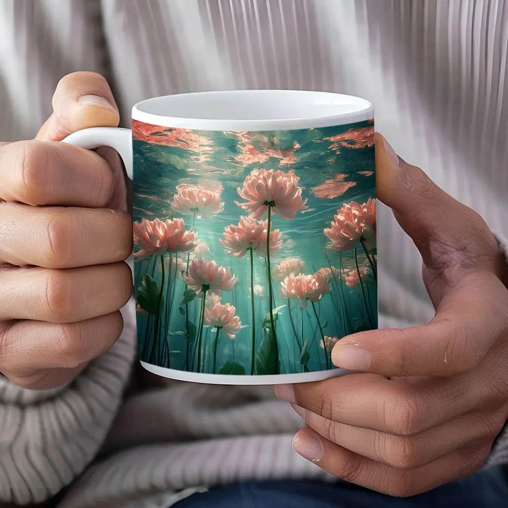 Pink Flowers Blooming Underwater Teal Ocean – Mugs