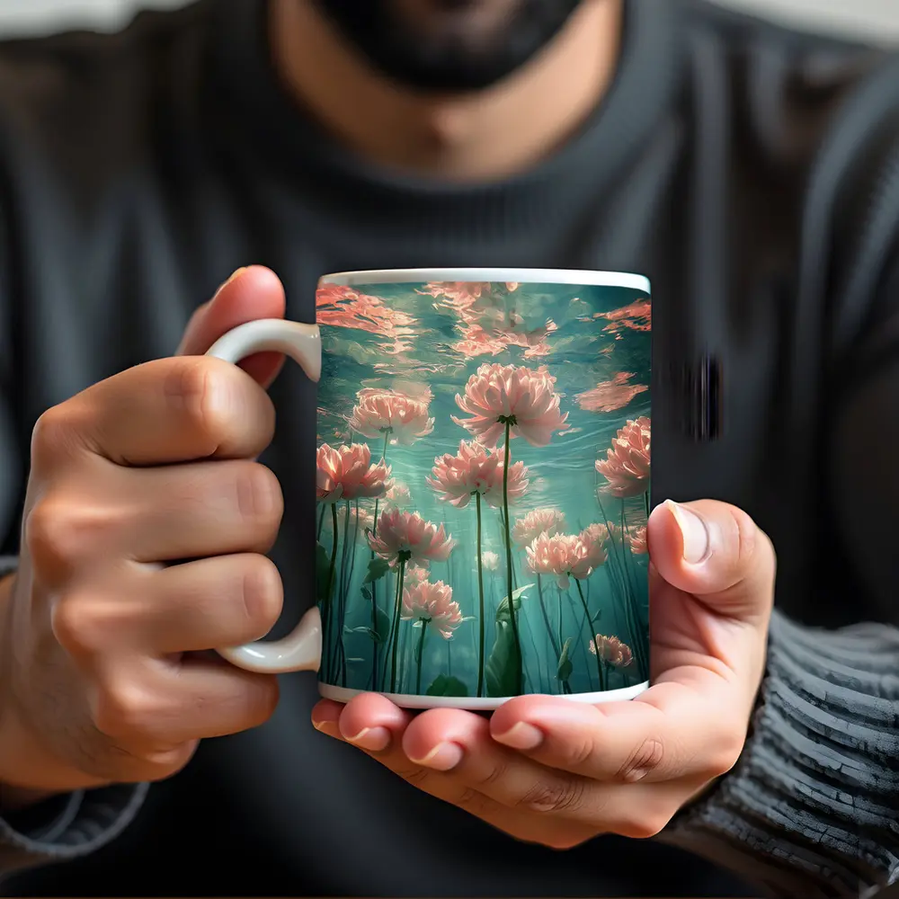 Pink Flowers Blooming Underwater Teal Ocean – Mugs
