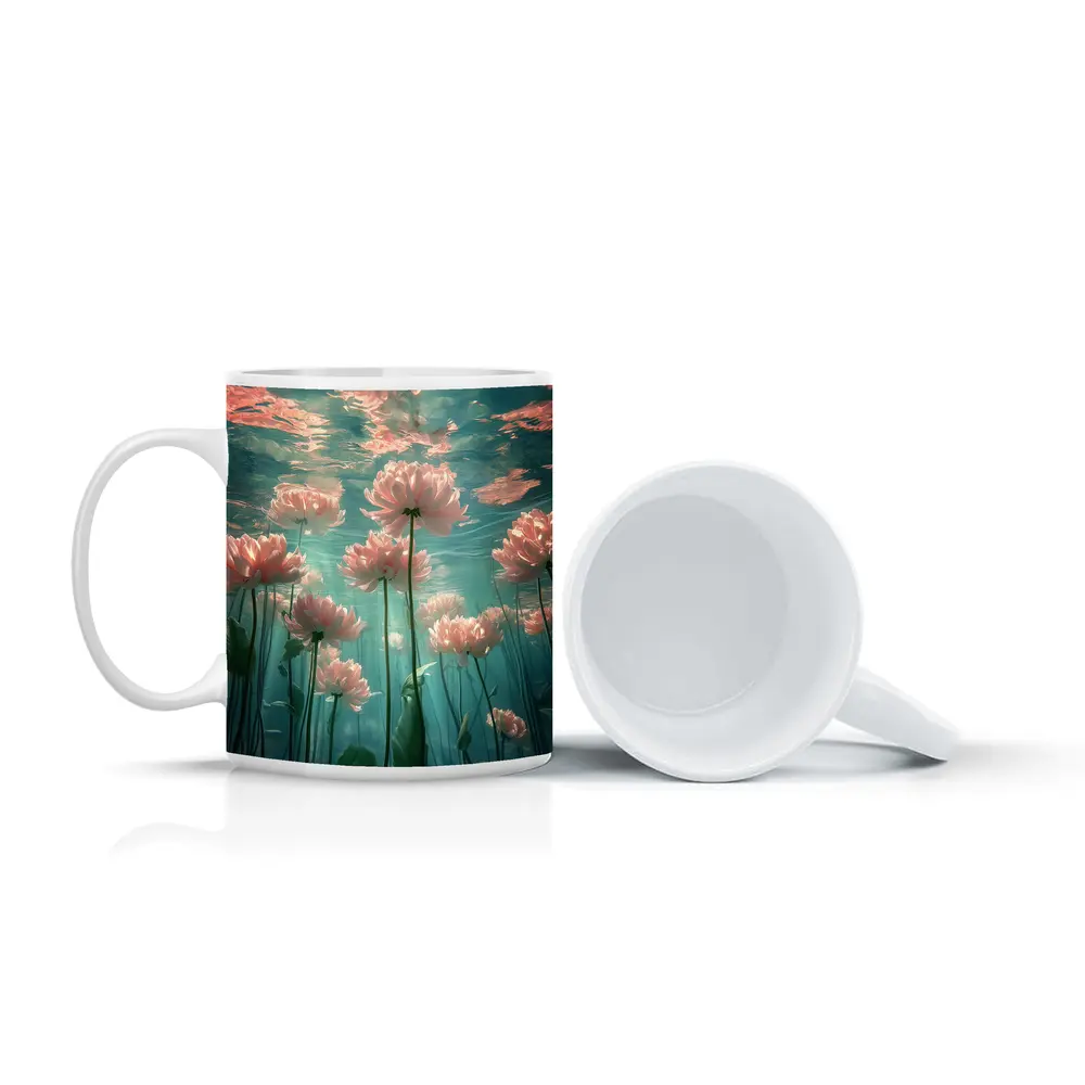 Pink Flowers Blooming Underwater Teal Ocean – Mugs