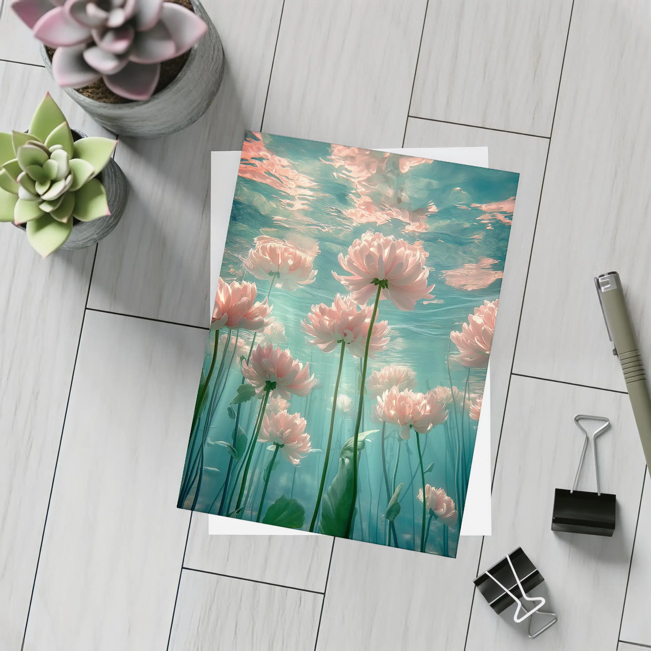 Pink Flowers Blooming Underwater Teal Ocean – Postcards