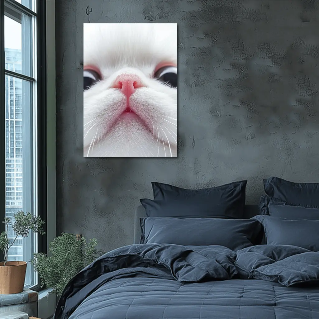 White Cat Close Up Pink Nose Portrait – Wall Art