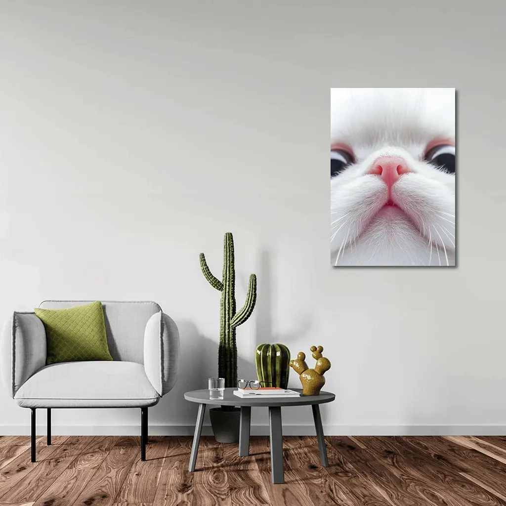 White Cat Close Up Pink Nose Portrait – Wall Art