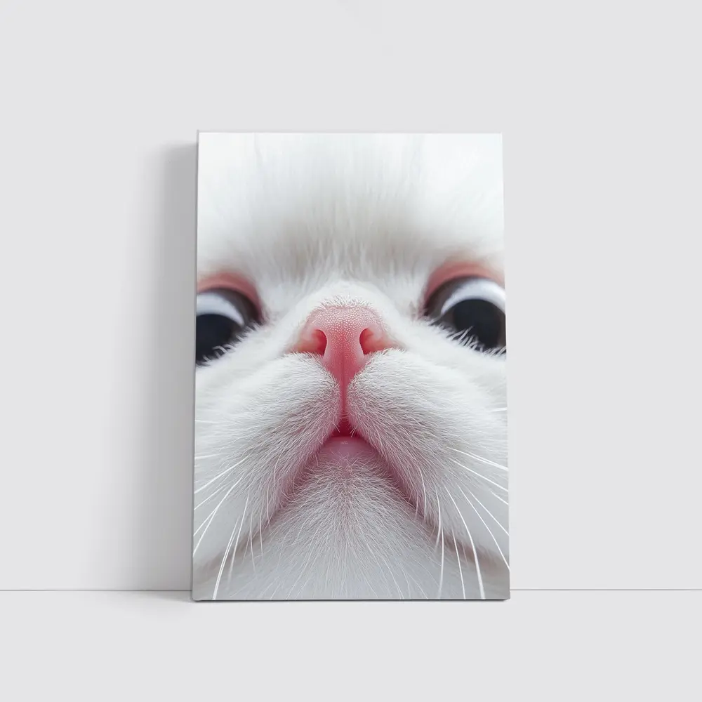 White Cat Close Up Pink Nose Portrait – Wall Art