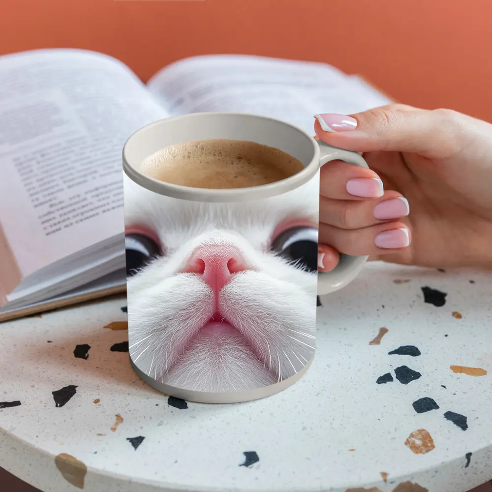 White Cat Close Up Pink Nose Portrait – Mugs