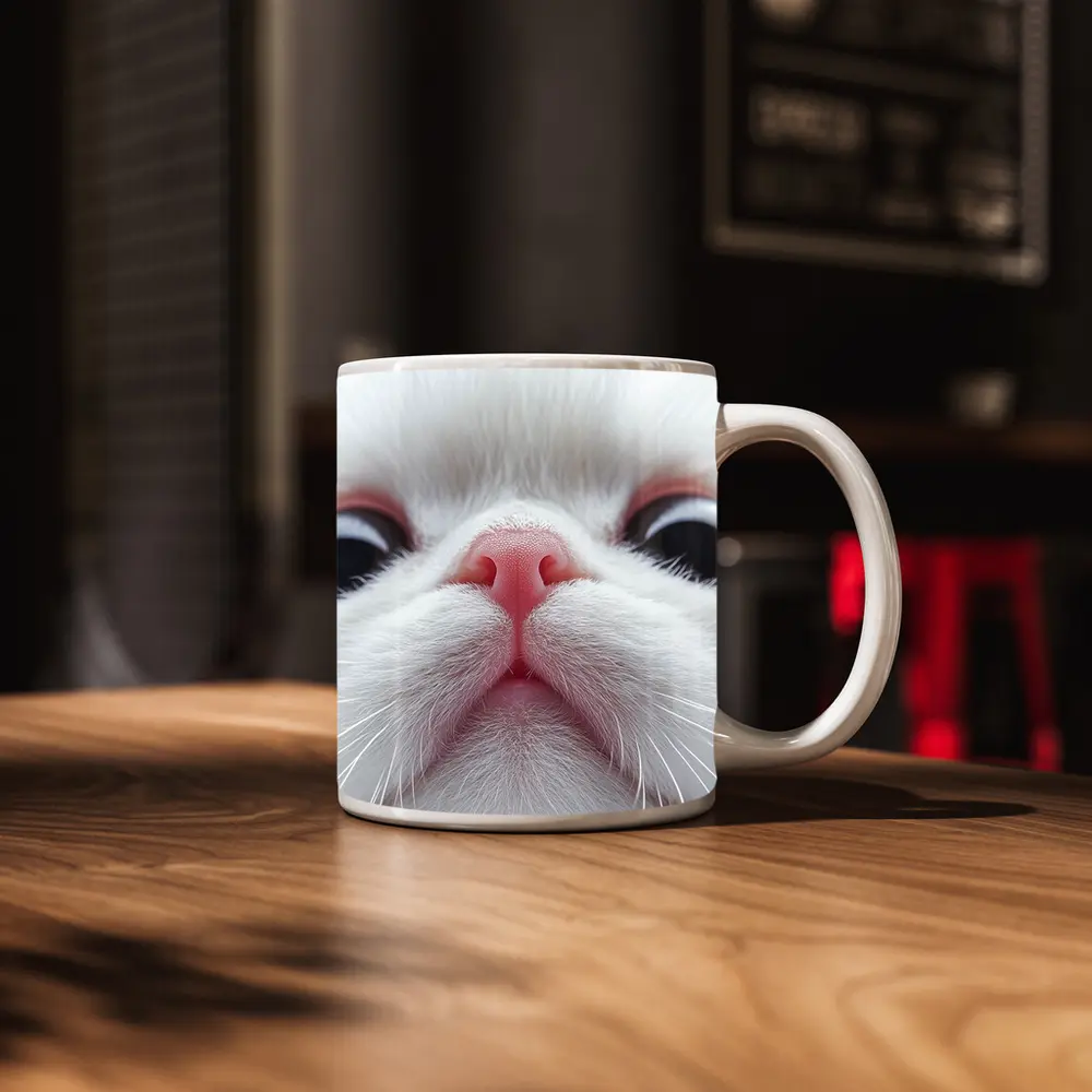 White Cat Close Up Pink Nose Portrait – Mugs
