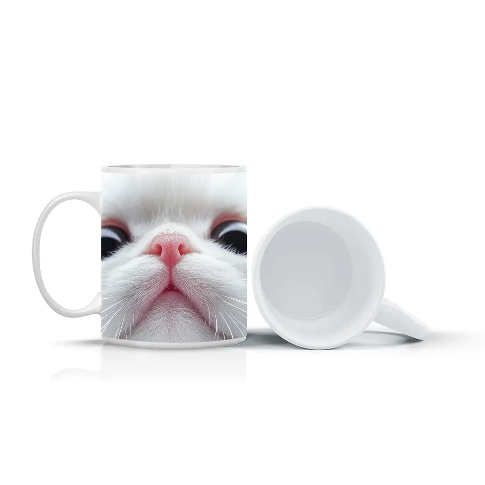 White Cat Close Up Pink Nose Portrait – Mugs