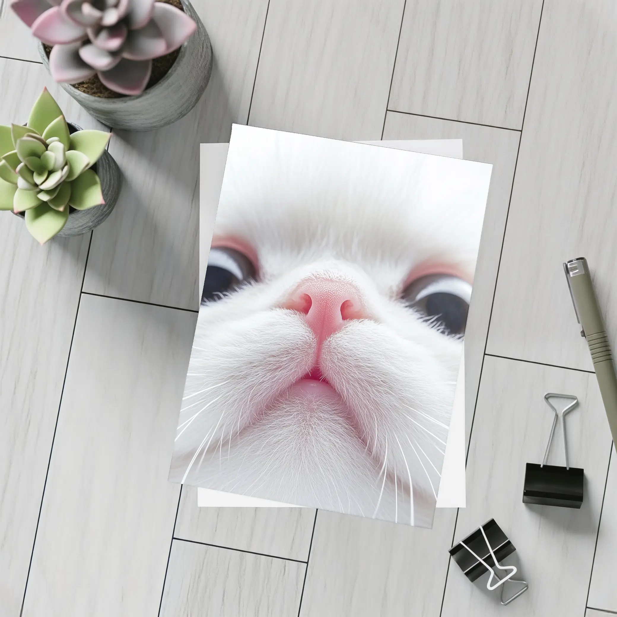 White Cat Close Up Pink Nose Portrait – Postcards