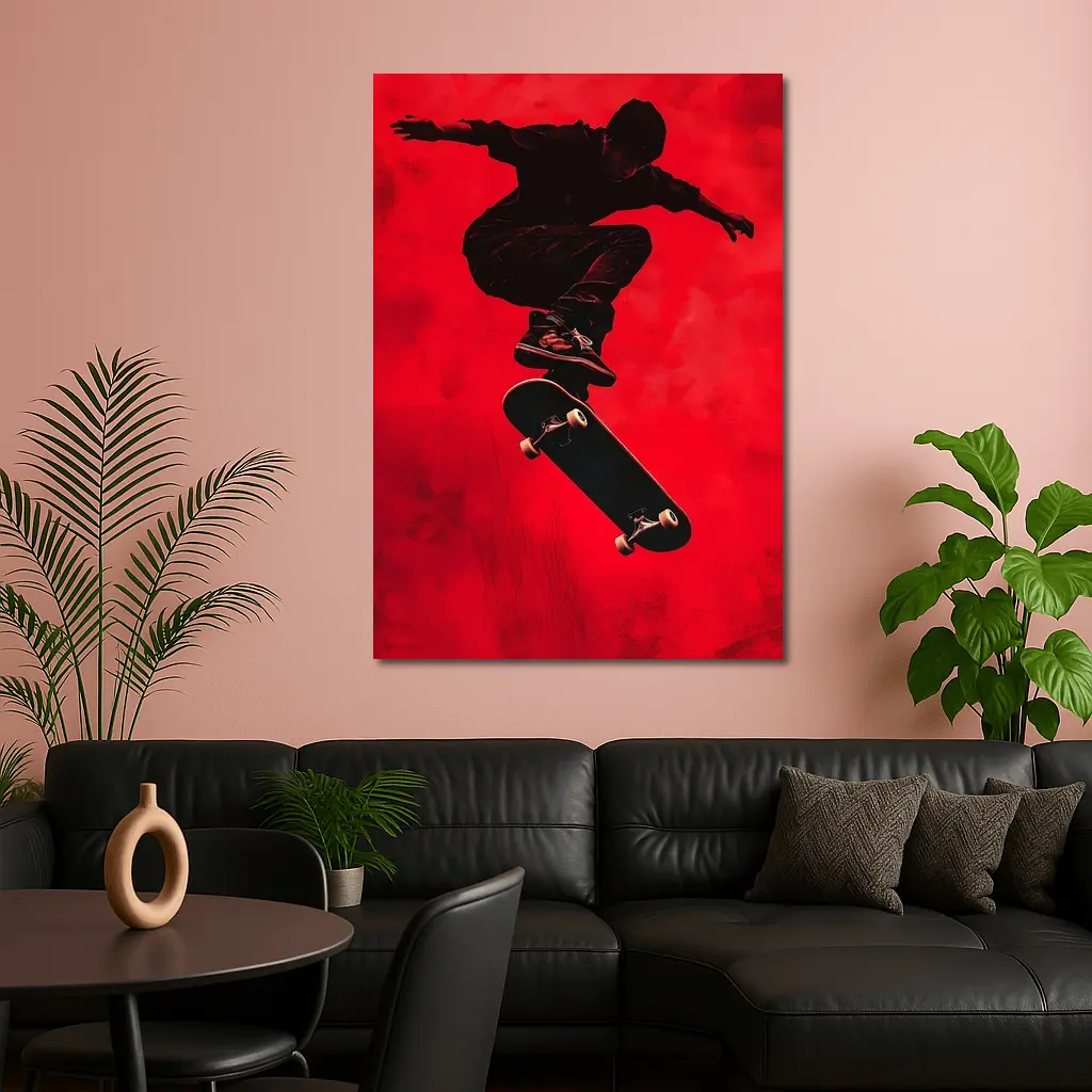 Skateboarder Doing Trick On Red Background – Wall Art