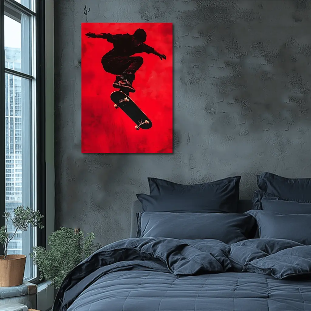 Skateboarder Doing Trick On Red Background – Wall Art