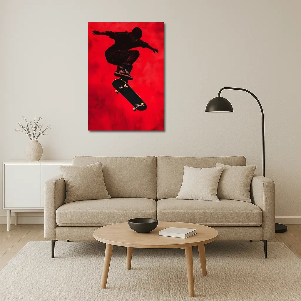 Skateboarder Doing Trick On Red Background – Wall Art