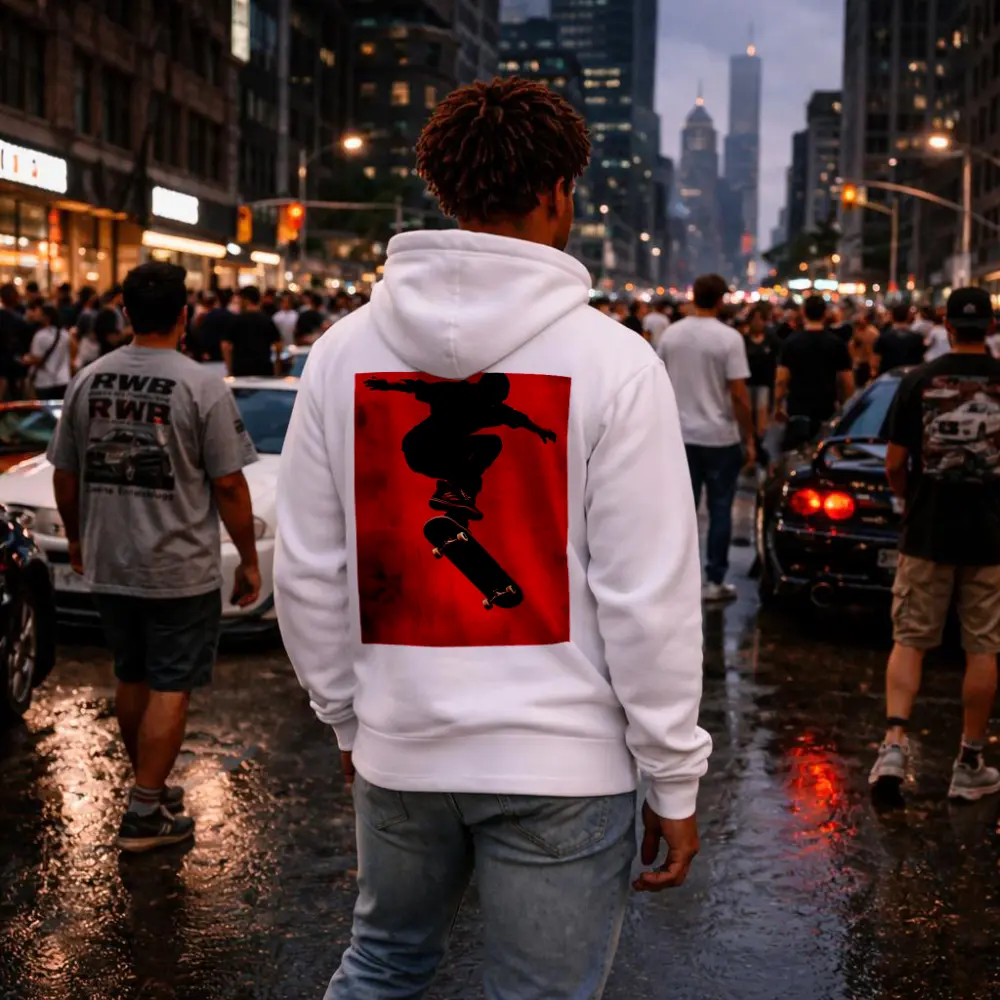 Skateboarder Doing Trick On Red Background – Hoodies