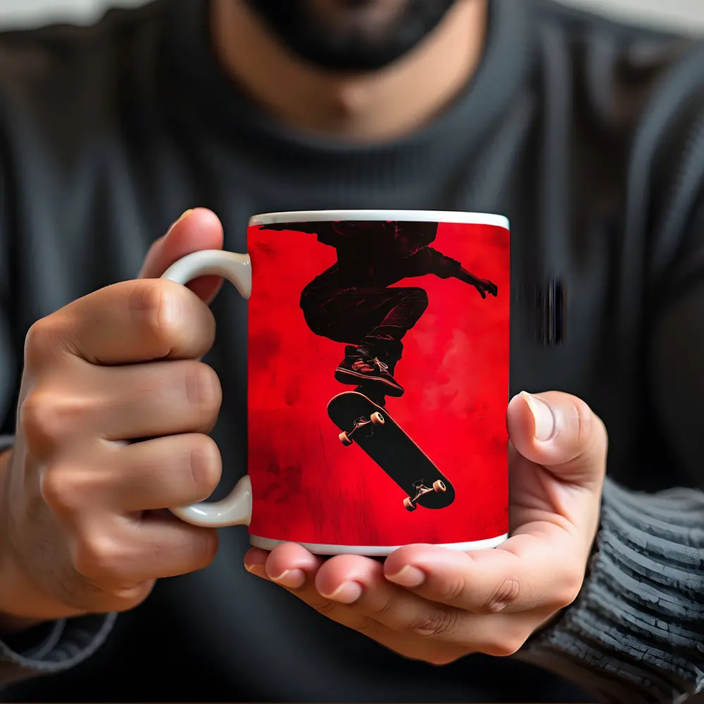 Skateboarder Doing Trick On Red Background – Mugs
