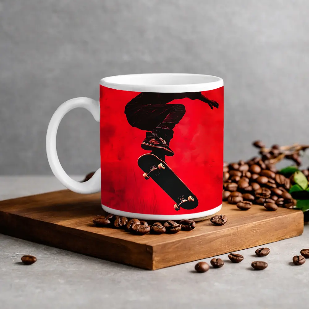Skateboarder Doing Trick On Red Background – Mugs