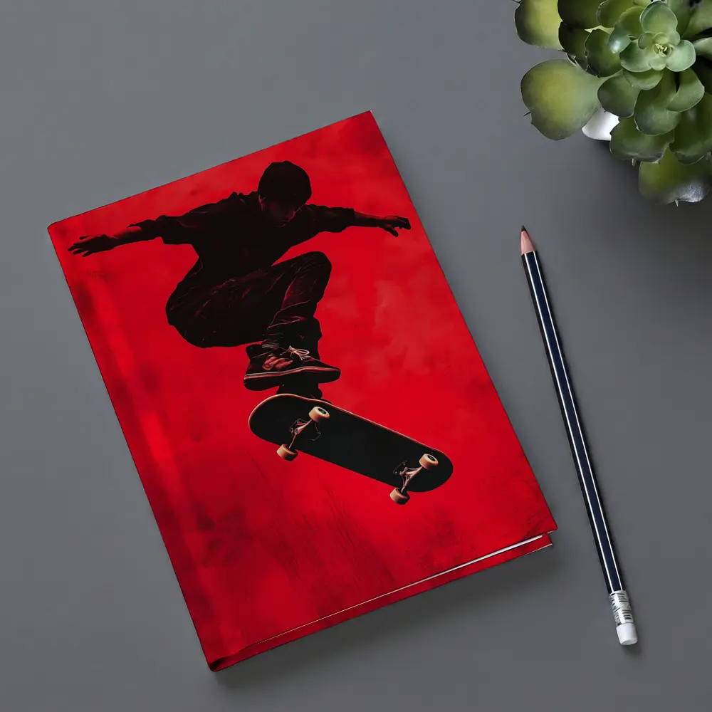 Skateboarder Doing Trick On Red Background – Notebooks