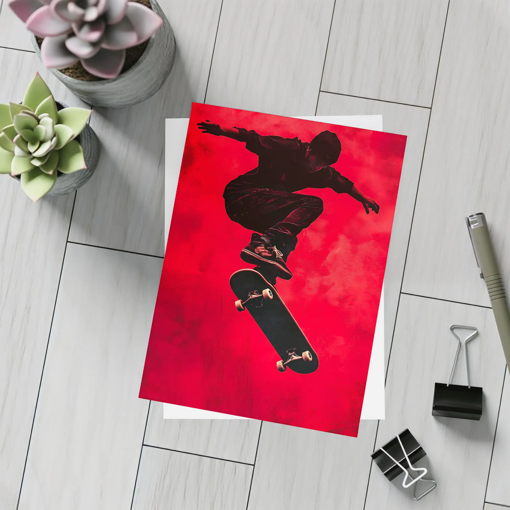 Skateboarder Doing Trick On Red Background – Postcards