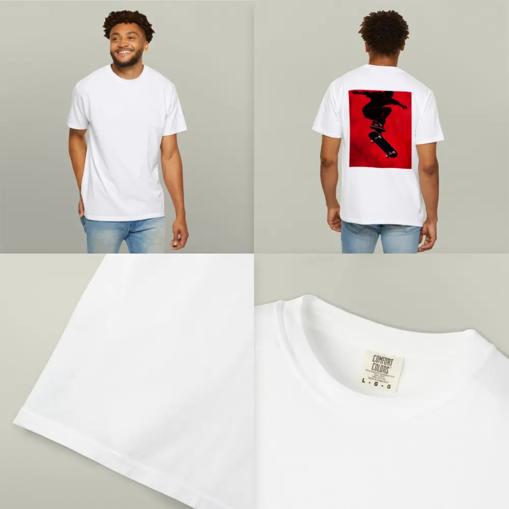 Skateboarder Doing Trick On Red Background – T-Shirts