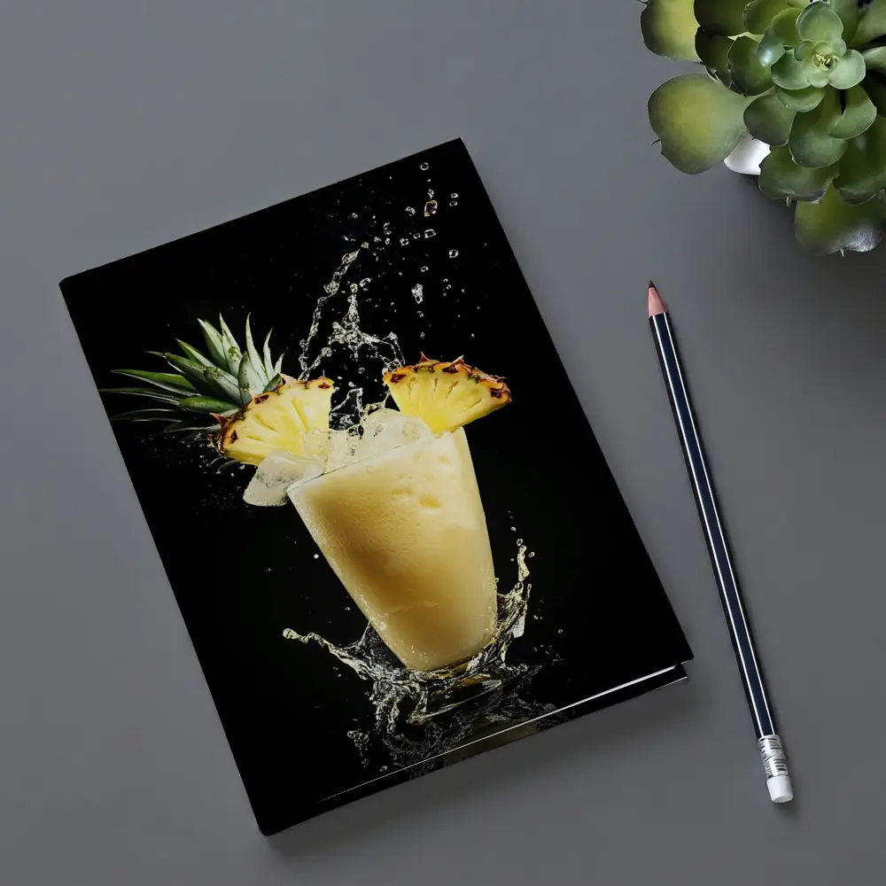 Pineapple Smoothie Splash on Black Background – Notebooks