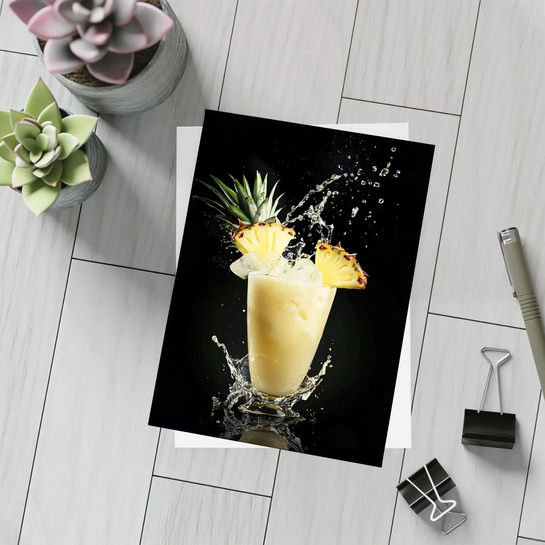 Pineapple Smoothie Splash on Black Background – Postcards