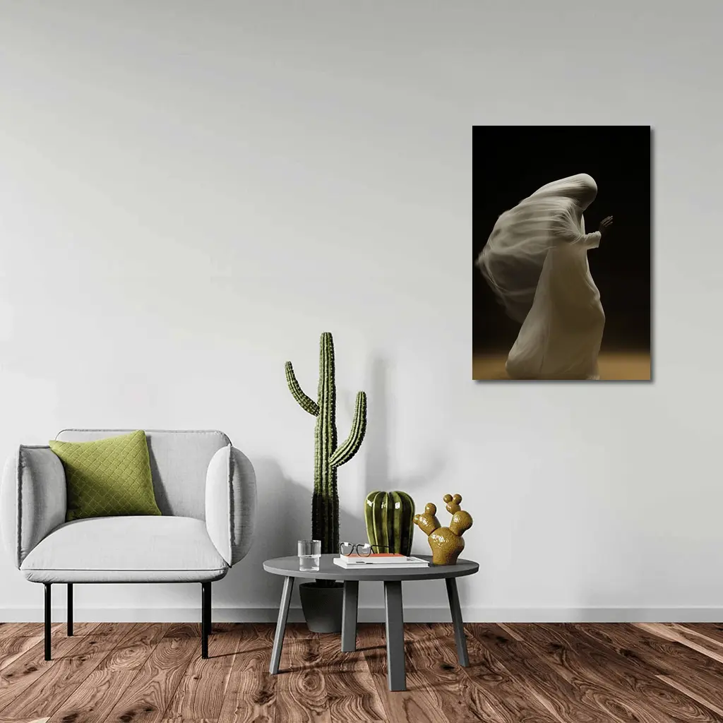 Flowing White Draped Figure Dark Background – Wall Art
