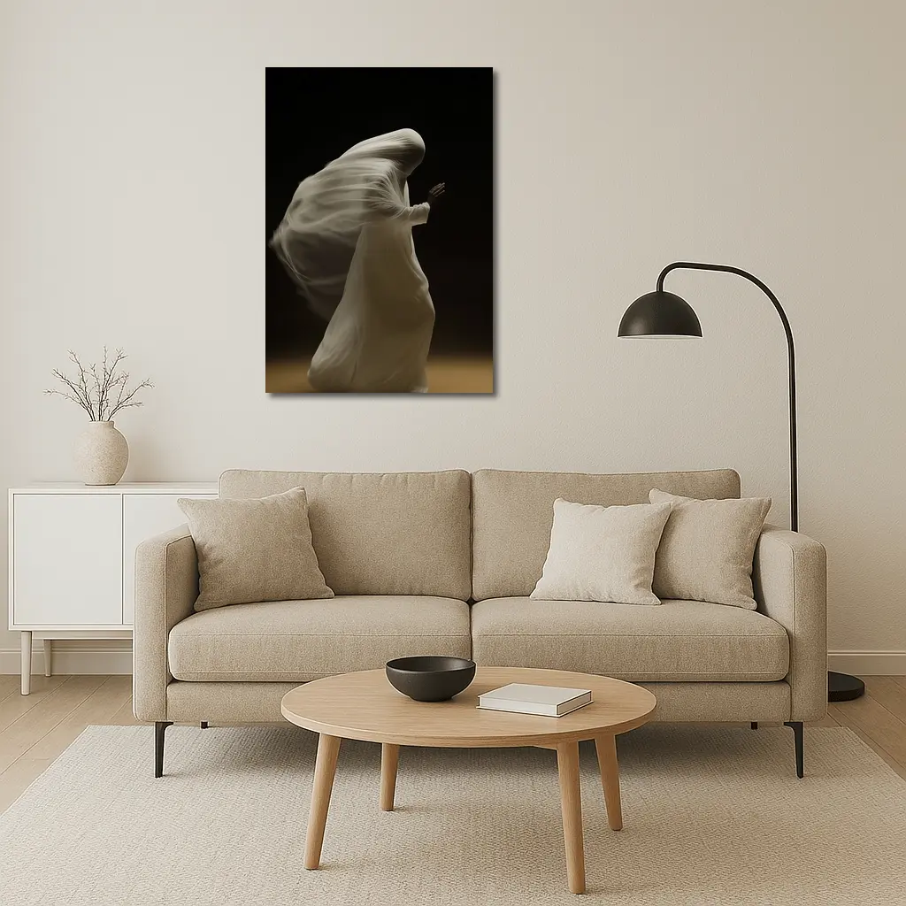 Flowing White Draped Figure Dark Background – Wall Art