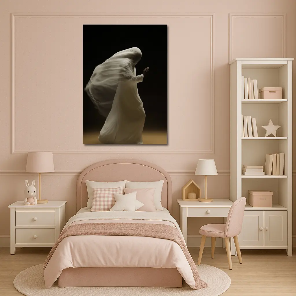 Flowing White Draped Figure Dark Background – Wall Art