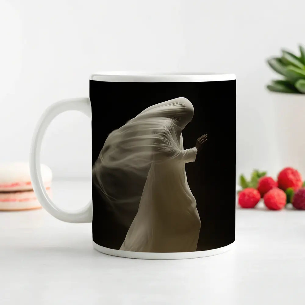 Flowing White Draped Figure Dark Background – Mugs