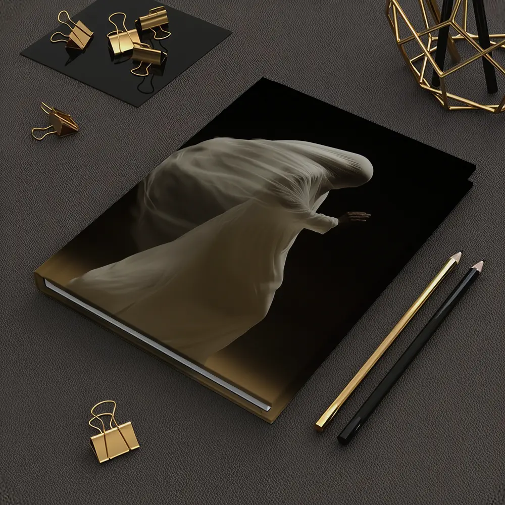 Flowing White Draped Figure Dark Background – Notebooks