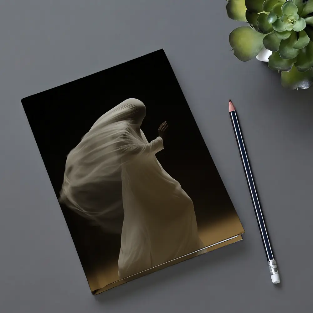Flowing White Draped Figure Dark Background – Notebooks