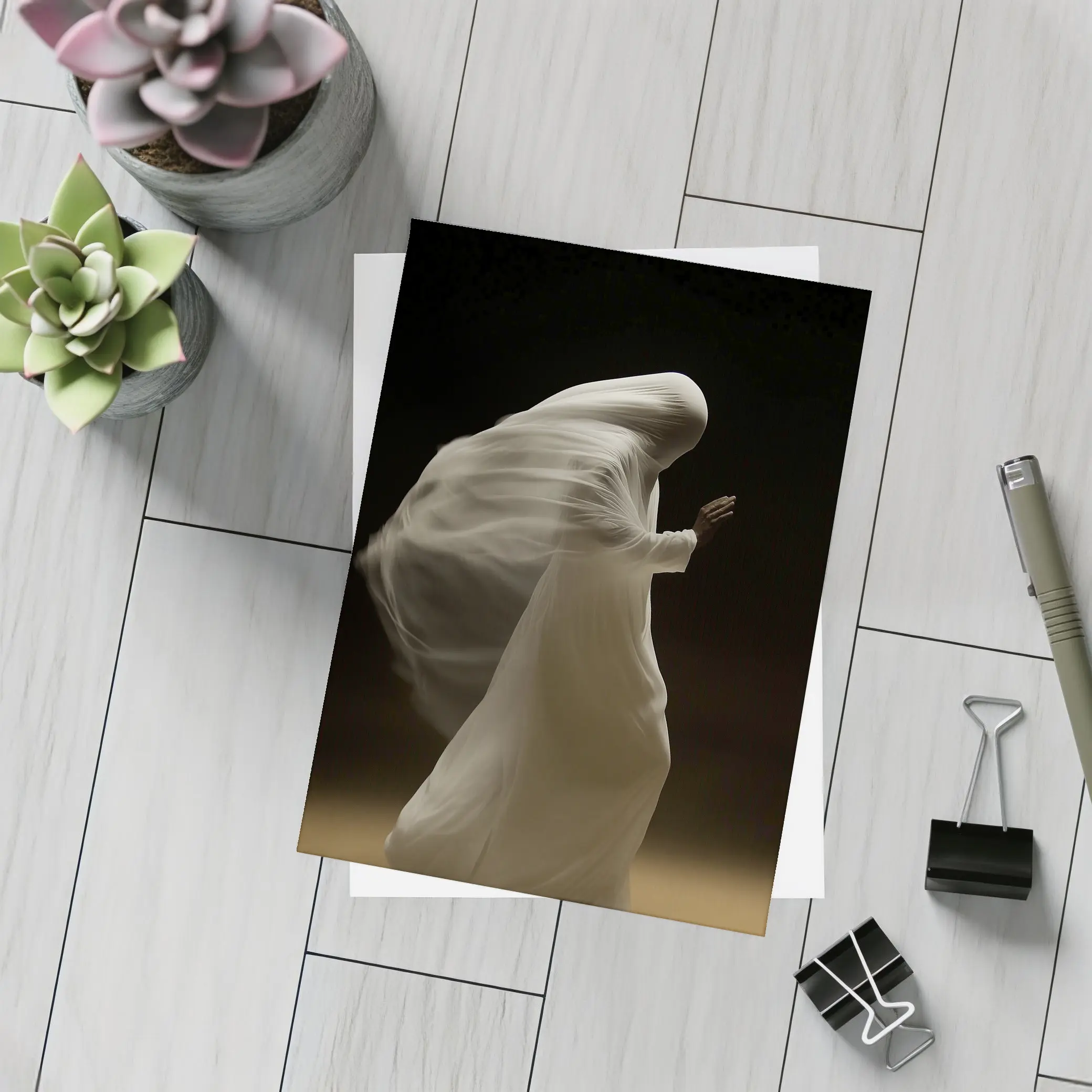 Flowing White Draped Figure Dark Background – Postcards