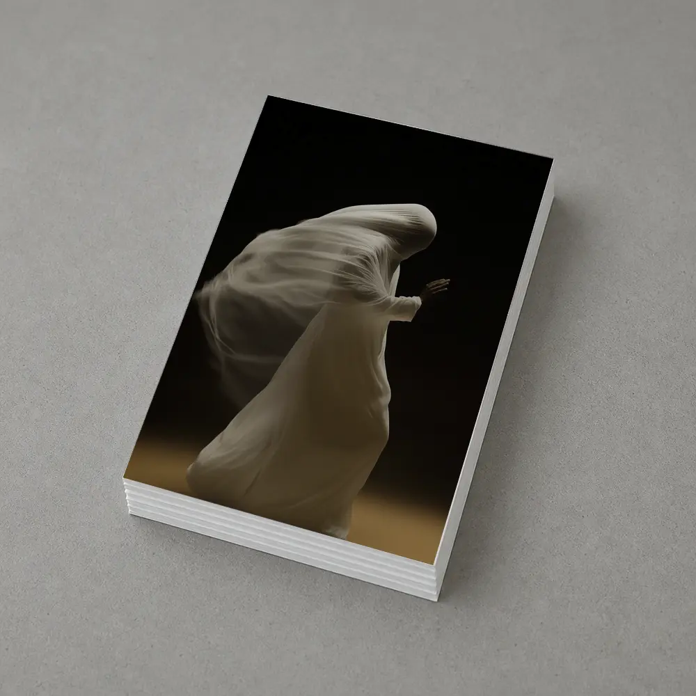 Flowing White Draped Figure Dark Background – Postcards