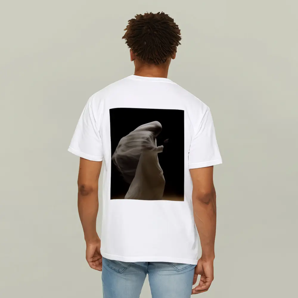 Flowing White Draped Figure Dark Background – T-Shirts