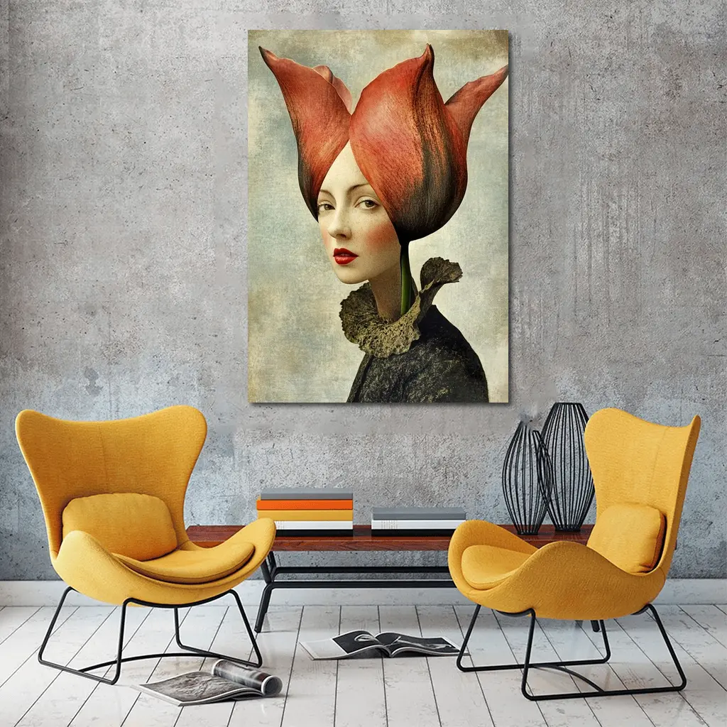 Woman Portrait Tulip Flower Head Surreal Art – Wall Art