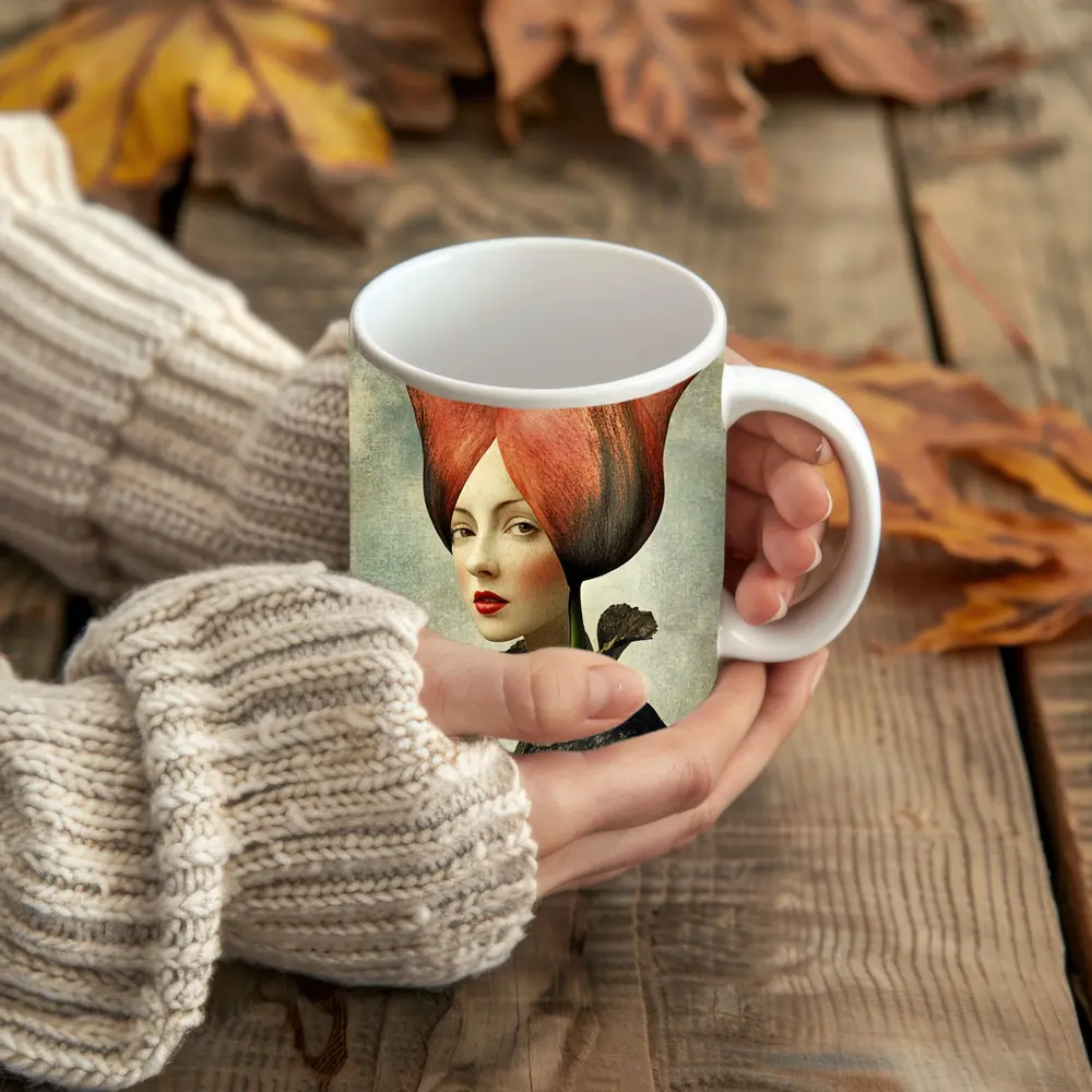 Woman Portrait Tulip Flower Head Surreal Art – Mugs