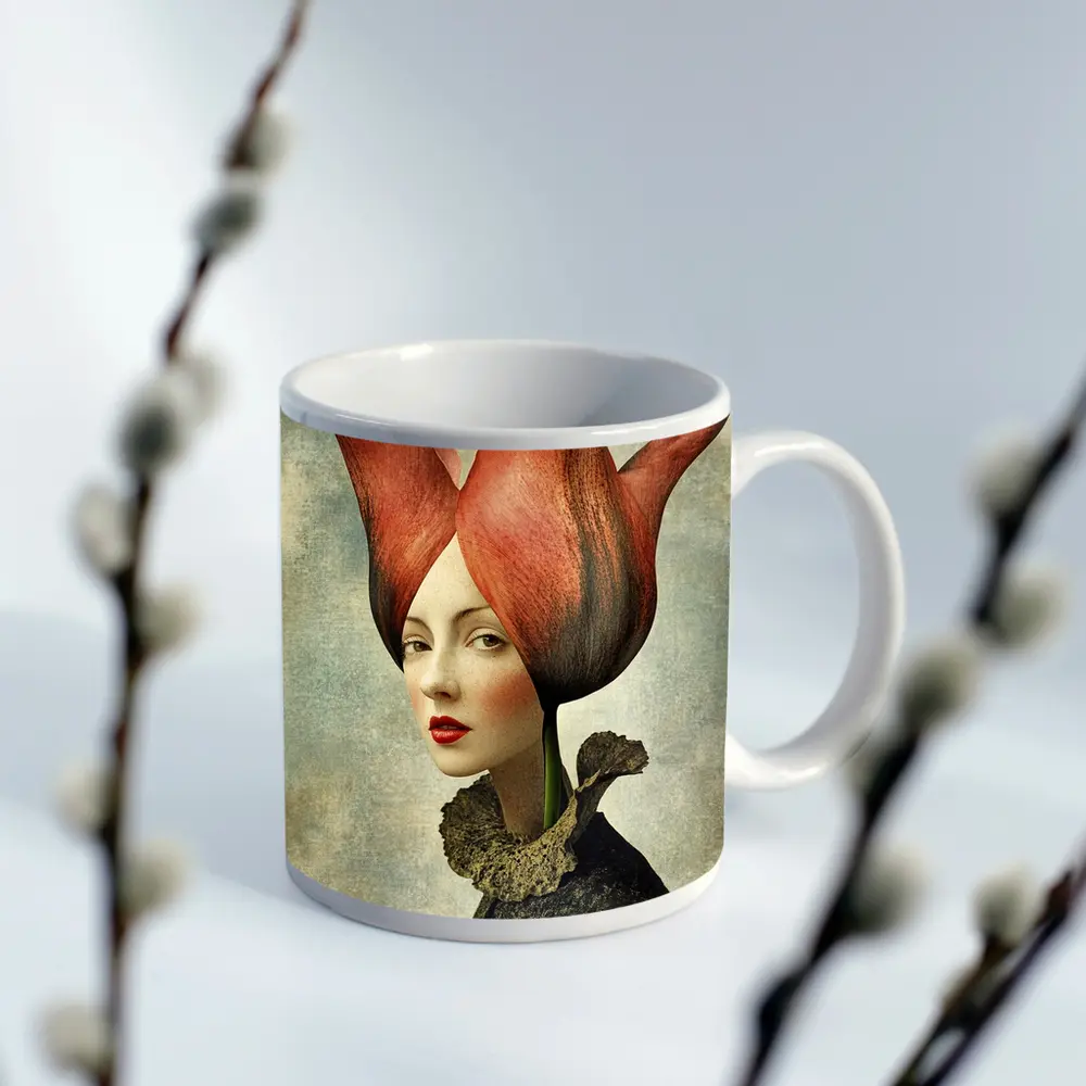 Woman Portrait Tulip Flower Head Surreal Art – Mugs