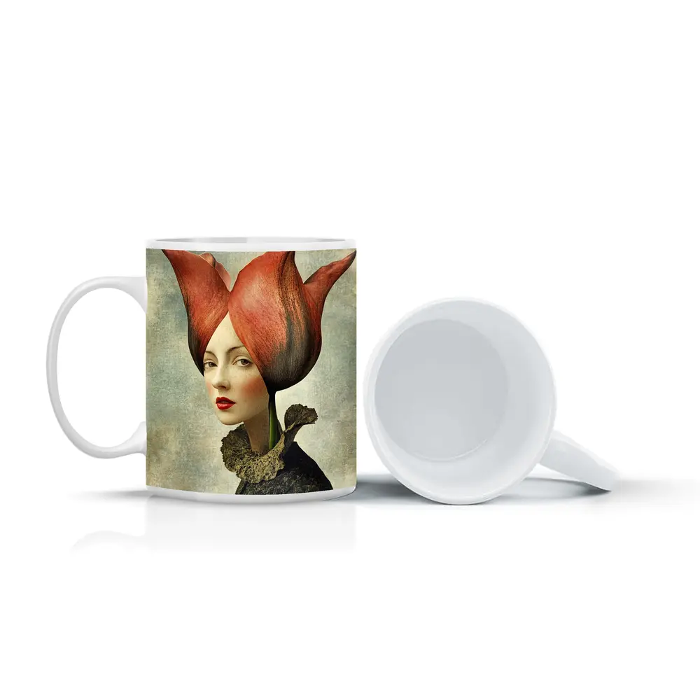 Woman Portrait Tulip Flower Head Surreal Art – Mugs